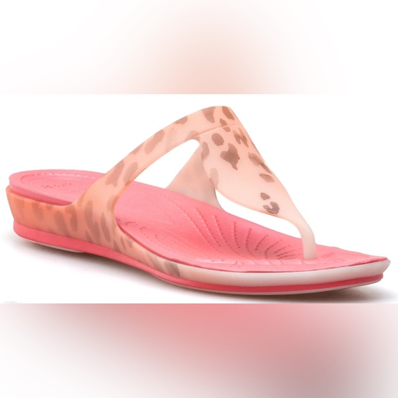 NWOT Crocs 203136 Rio Thong Flip Flops Comfort Sandals Coral Pink Leopard Sz 7 - Picture 6 of 11